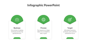 Three step infographic design featuring green tops and white rectangular sections for key business concepts.