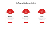 Horizontal infographic with three red semicircle icons and white text boxes for business, process, and target.