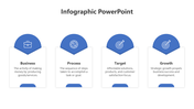 Blue themed infographic with four rounded segments, icons at the top, and text explanations below.