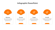 Horizontal infographic with four sections, each with an orange semicircle icon and white text box below.