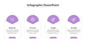 Infographic slide with four sections labeled Business, Process, Target, and Growth, each paired with a purple icon.