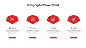 Horizontal infographic with four business-related stages, each represented by a red icon and a white rectangular text area.