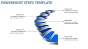 3D blue staircase design in the center with five captions connected by dotted lines on a white background.