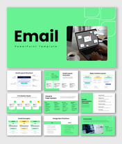 Email PPT with green theme, laptop inbox visuals, layout charts, icons, shapes, and clean layouts for email design insights.