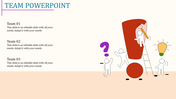 PPT template for team presentation, featuring an exclamation mark, question mark, lightbulb, and illustrated team members.