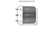 Curved notebook style infographic featuring three gray content blocks connected to icons on the left, depicting key stages.