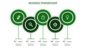 Business PowerPoint template with five green circular icons, each representing a different business concept with captions.