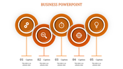 Five step business infographic slide featuring gear, magnifier, stopwatch, target, and lightbulb icons in an orange theme.