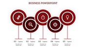 Horizontal infographic with five circular red graphics and captions for business related content on a white backdrop.