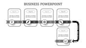 Stepwise business template featuring grayscale ribbons, icons, and connecting arrows for five stages.