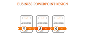 Three step with orange themed business PowerPoint design showcasing process flow with icons and descriptive text.