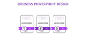 Business slide featuring three steps in a process with purple arrows and icons, framed in rectangles.