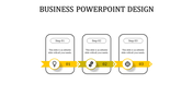 Three step process chart with yellow banners, featuring circular icons and rectangular text placeholders on a white canvas.