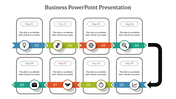 Eight step infographic layout with text boxes and colorful arrows connecting circular icons on a white background.