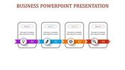 Stepwise business template featuring numbered ribbons colour coded and icons for four stages placed in white backdrop.