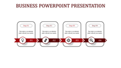 Professional business PowerPoint slide design featuring maroon arrows and icons illustrating a four step process.
