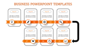Seven step business template in orange with icons and directional arrows connecting each step.