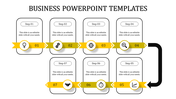 Stepwise business presentation with yellow ribbons, icons, and connecting arrows placed in a white background.