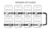 Stepwise business presentation with monochrome ribbons, icons, and connecting arrows for eight stages.