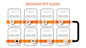 Eight step business PPT template with orange themed arrows, icons, and text boxes showcasing a sequential process.