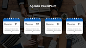 Horizontal arrangement of four blue and white notepad like agenda cards on a blurred office desk setting.