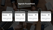 Four agenda placeholders in flip calendar design with numbers 01 to 04 on a business themed background.