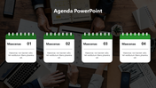 Agenda PowerPoint slide with four green calendar style sections labeled Maecenas 01 to 04, over a desk background.