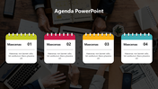 Agenda template featuring four colorful calendar style sections, blurred images of hands on a wooden desk backdrop.