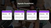 Professional agenda template with calendar-style icons against a business background with four caption areas.