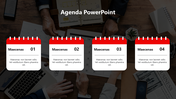 Four red calendar style agenda boxes with white backgrounds, arranged in a row over a business themed desk image.