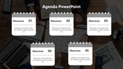 Five flip calendar placeholders in gray arranged in a layout, numbered 01 to 05 on a business themed backdrop.