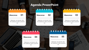 Vibrant agenda placeholders in flip calendar design numbered 01 to 05 with a business themed background.