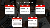 Red agenda placeholders in flip calendar design numbered 01 to 05 with a business meeting background.
