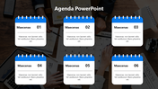 Infographic with six blue calendar icons representing agenda items, placed over a workspace background with documents.