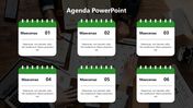 Agenda slide featuring six green calendar cards, arranged in two rows on a desk with a blurred office backdrop.