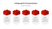 Infographic PPT slide with five Lego blocks labeled Red 1 to Red 5, each with placeholder text below.