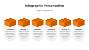 Six 3D orange lego style blocks aligned horizontally with rounded white bases for descriptive text.