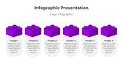 Infographic PPT slide showcasing six Lego blocks labeled Purple 1 through 6, each with placeholder text beneath.