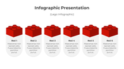 Infographic showing six identical red Lego blocks in a row, each labeled Red 1 to Red 6 with captions.
