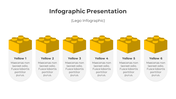 Infographic with six yellow lego block shapes, each labeled with text below, displayed in a linear arrangement.