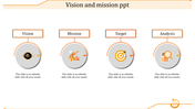 A PPT slide with orange coded icons for Vision, Mission, Target, and Analysis, each with placeholder text.