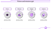 Purple themed vision and mission slide with icons each placed with caption areas in a white backdrop.