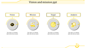 A PPT slide with yellow coded icons for Vision, Mission, Target, and Analysis, each with placeholder text.