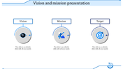 A PPT template with three sections labeled Vision, Mission, and Target, each with corresponding icons and placeholder text.