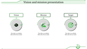 Three labeled sections for vision, mission, and target with green highlighted arrows and circular icon designs.