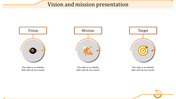 A PowerPoint slide with three sections Vision, Mission, and Target, each represented by icons in orange and gray.
