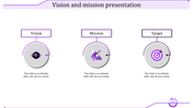 Vision and mission template with purple circular icons placed with caption areas in a white backdrop.