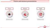 Three circular gray icons with red outlines representing vision, mission, and target, connected to text boxes.