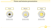 A PPT slide featuring sections for Vision, Mission, and Target, with each section represented by a yellow and gray icon.