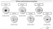 Six gray circular icons showing vision, mission, target, analysis, strategy, and profit in a structured layout.